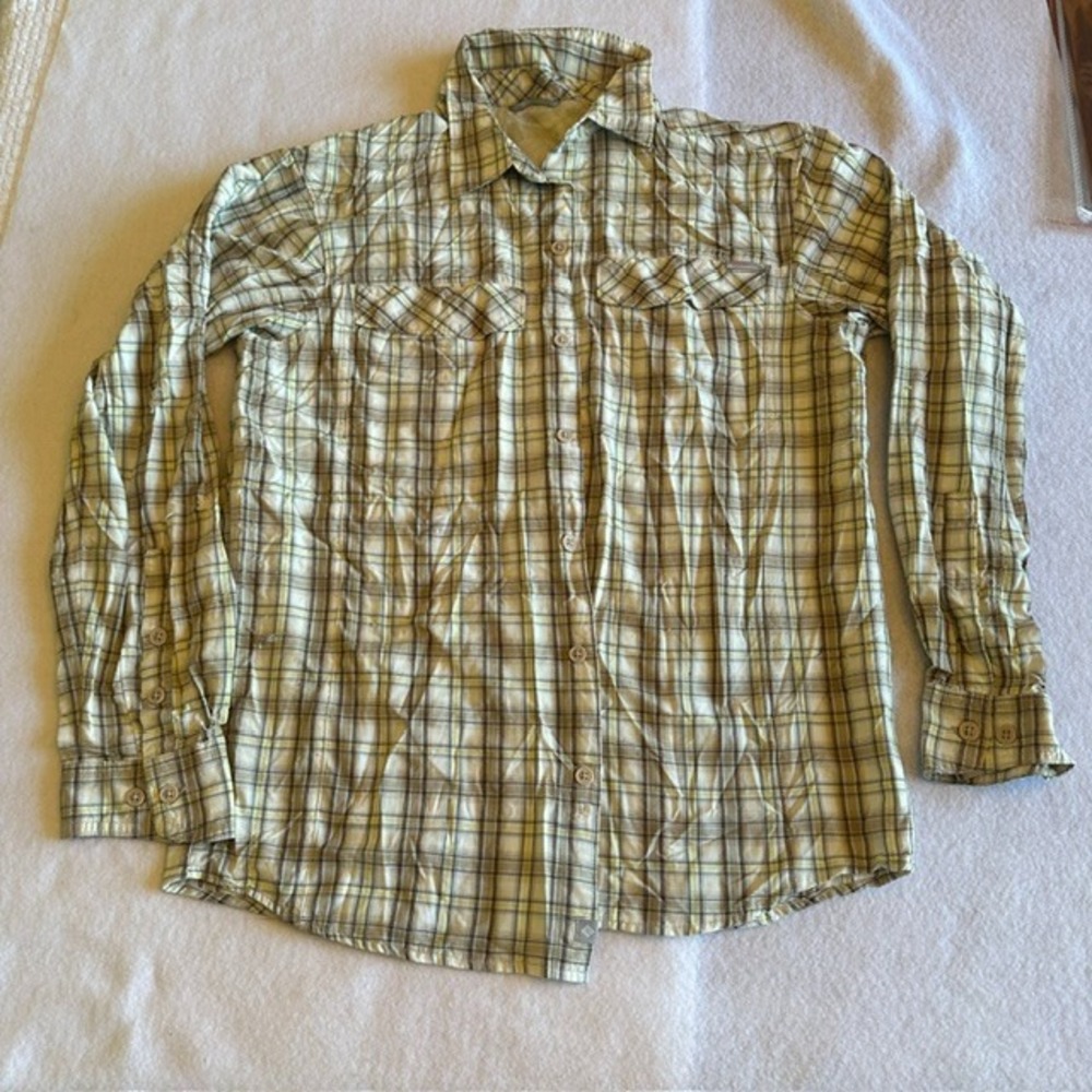 Columbia Plaid Long Sleeve Button Up Shirt S Beige Brown Yellow Nylon Outdoor